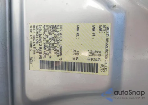 2015 Nissan Altima 2.5/2.5 S/2.5 Sl/2.5 Sv z USA, uszkodzony, nr VIN 1N4AL3APXFC298899